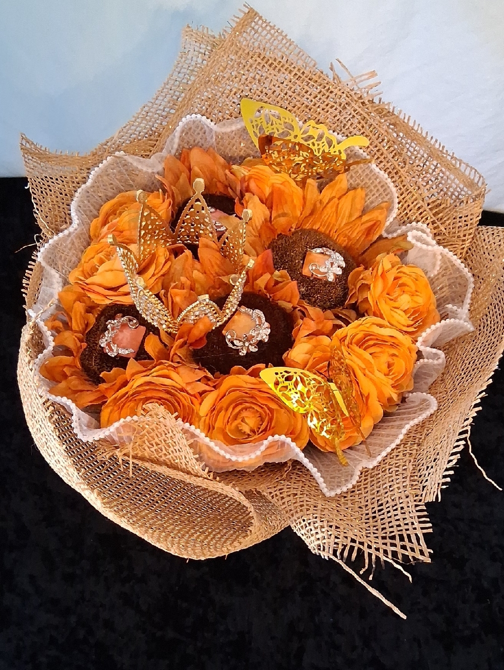 Orange Silk and faux sunflower Floral Gift Bouquet with Gold Accents